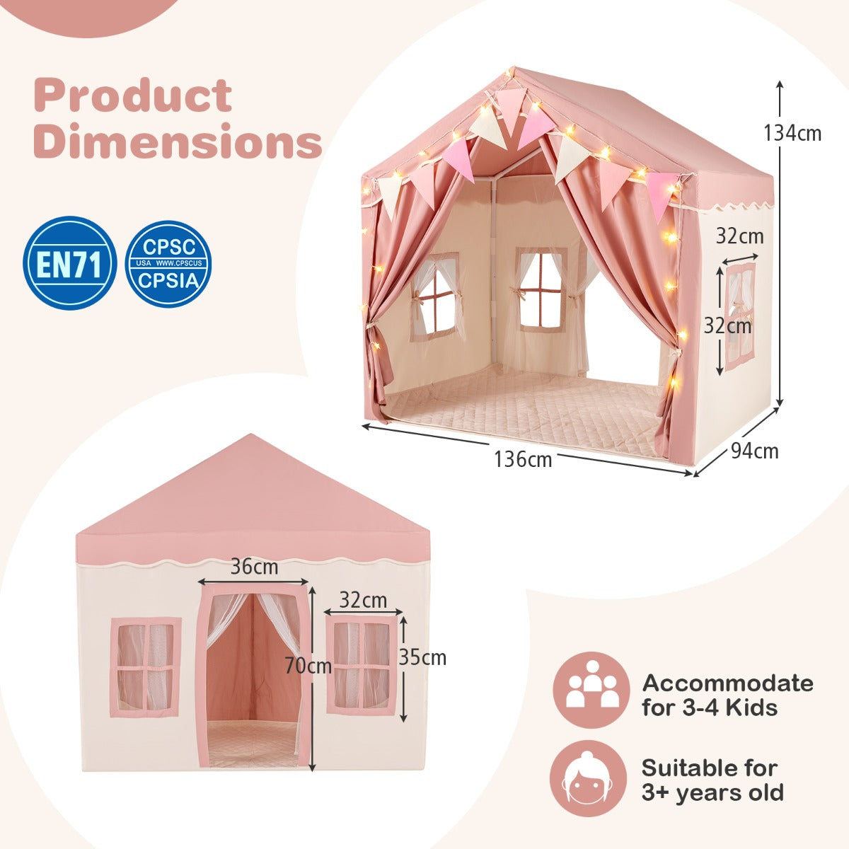 Pink Play Tent House | 2 Doors Star Lights | 3-4 Kids Space