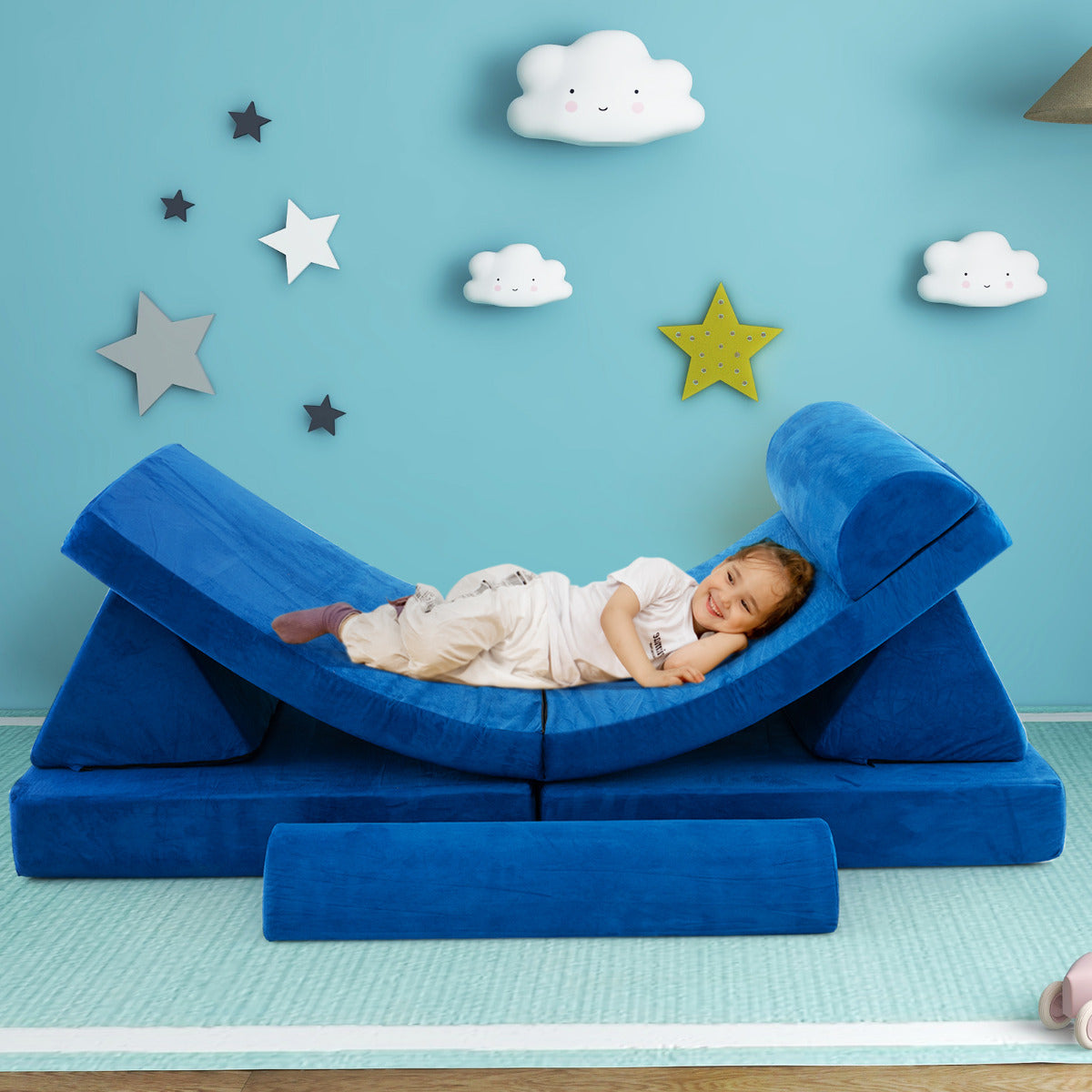 Kids Blue Modular Convertible Foam Sofa | Machine Washable
