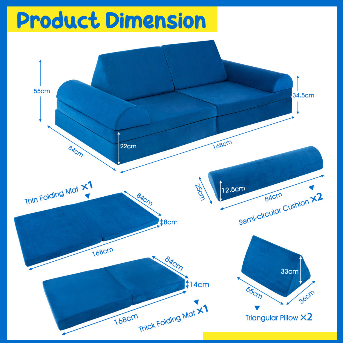 Kids Blue Modular Convertible Foam Sofa | Machine Washable