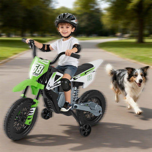 Costway 12V Kids Motorcycle with Training Wheels and Spring Suspension-Green
