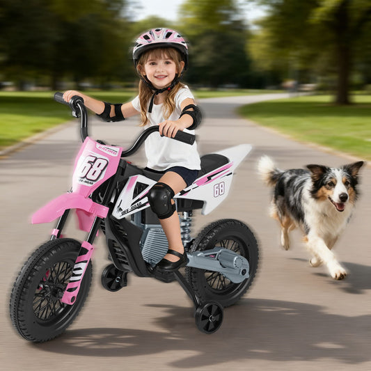 Costway 12V Kids Motorcycle with Training Wheels and Spring Suspension-Pink