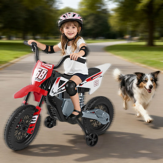 Costway 12V Kids Motorcycle with Training Wheels and Spring Suspension-Red