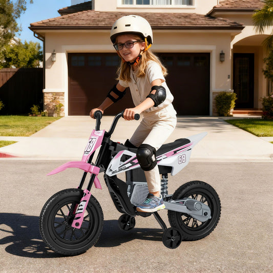 Pink 12V Kids Motorcycle | Training Wheels & Spring Suspension