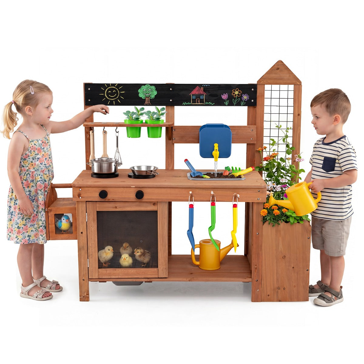 Costway Kids Mud Kitchen Solid Wood with Bird Cage Planter Trellis and 2 Sinks-Natural