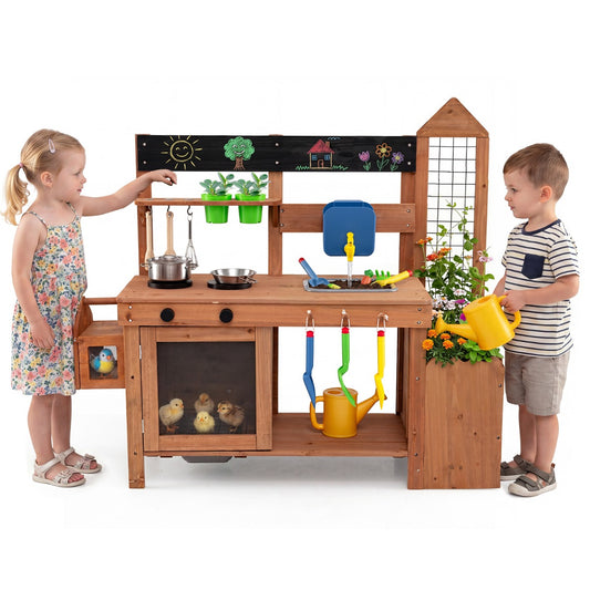 Costway Kids Mud Kitchen Solid Wood with Bird Cage Planter Trellis and 2 Sinks-Natural