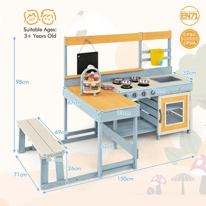 Kids Mud Kitchen | Fir Wood Outdoor Play Set With Grey Finish