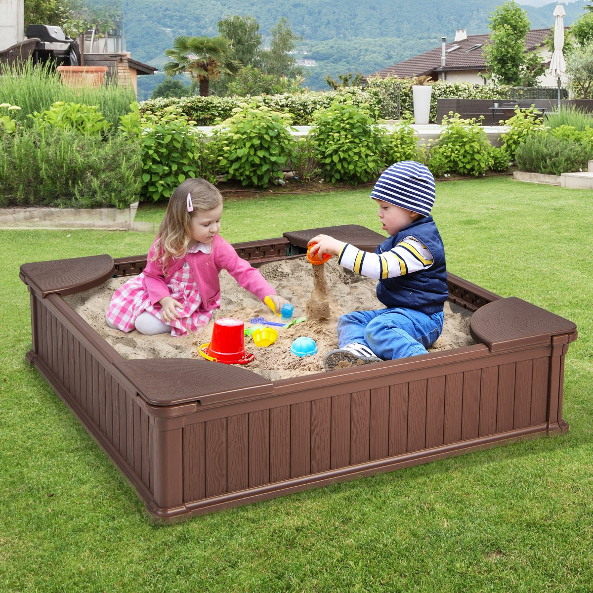 Costway Kids Outdoor Sandbox with Waterproof Cover and 4 Corner Seats-Brown