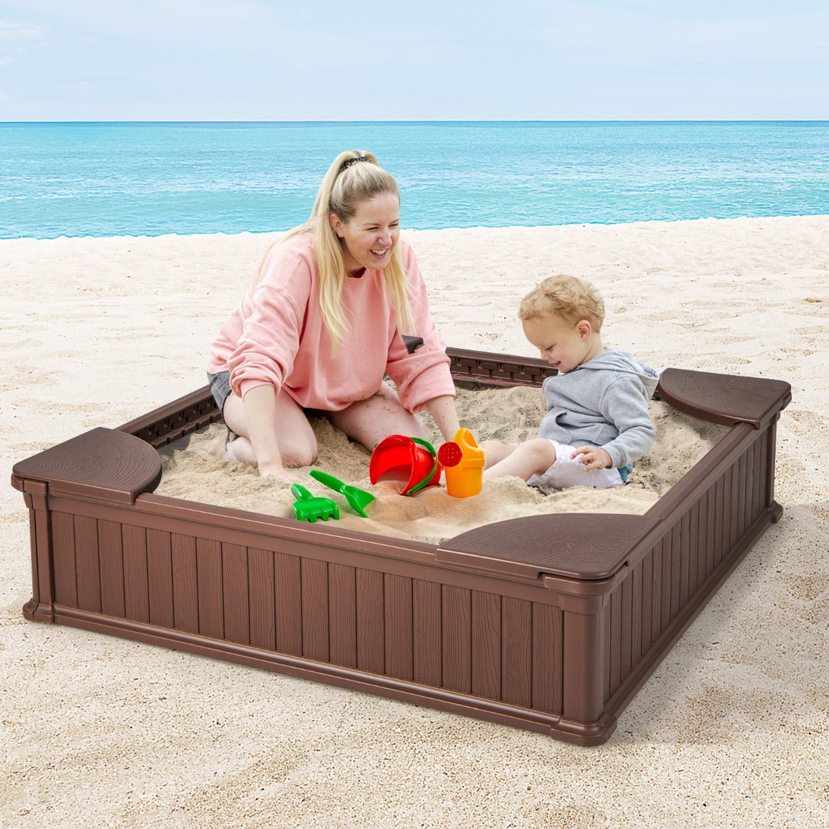 Kids Outdoor Sandbox | Brown 4-Seat Play Area with Cover