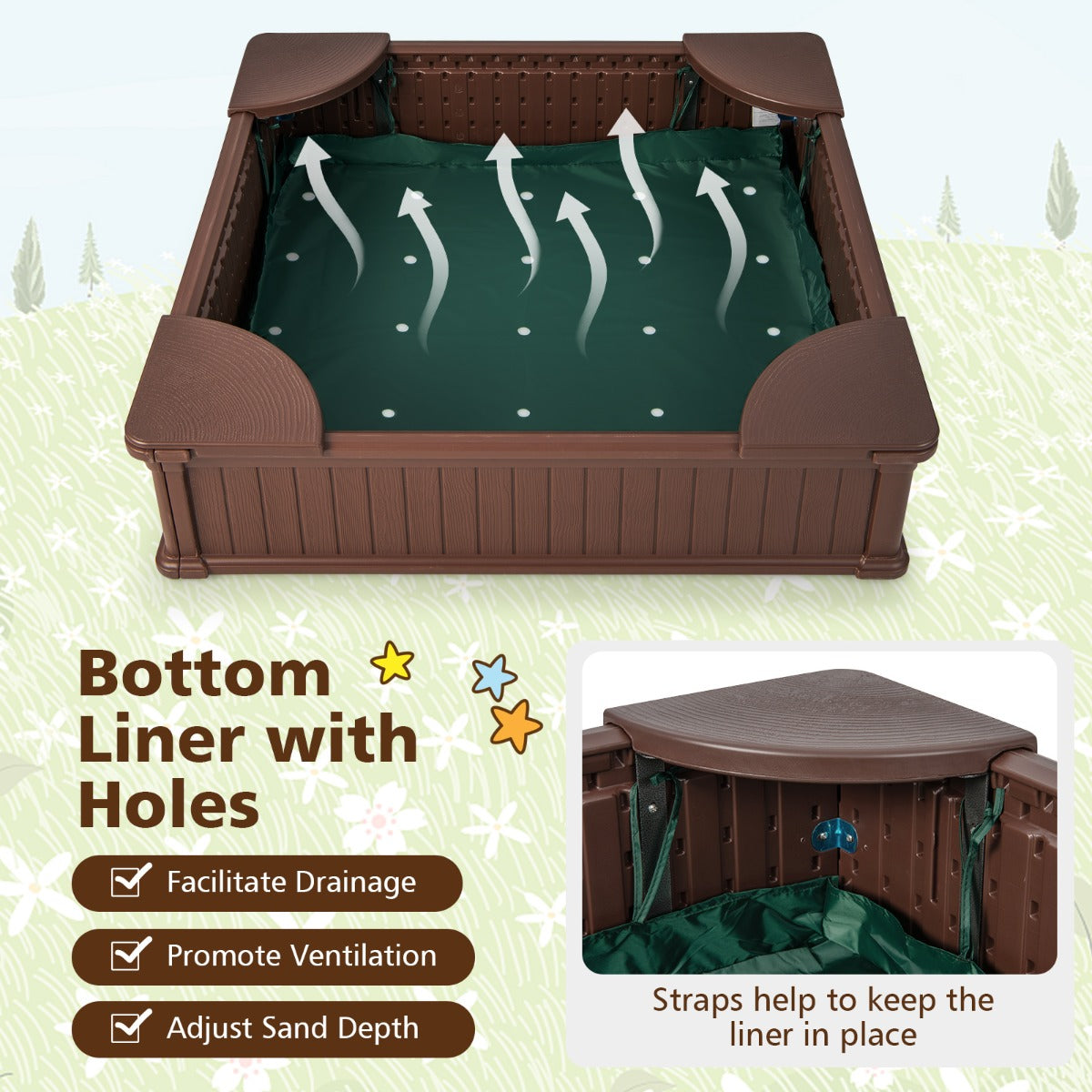 Kids Outdoor Sandbox | Brown 4-Seat Play Area with Cover