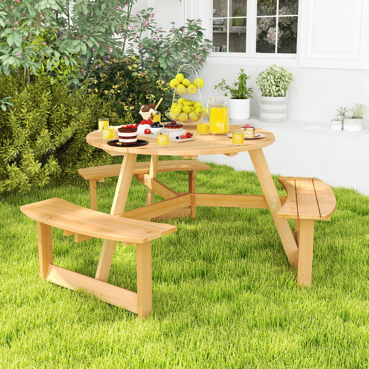 Costway 6 Person Kids Outdoor Wooden Picnic Table and Bench Set-Natural