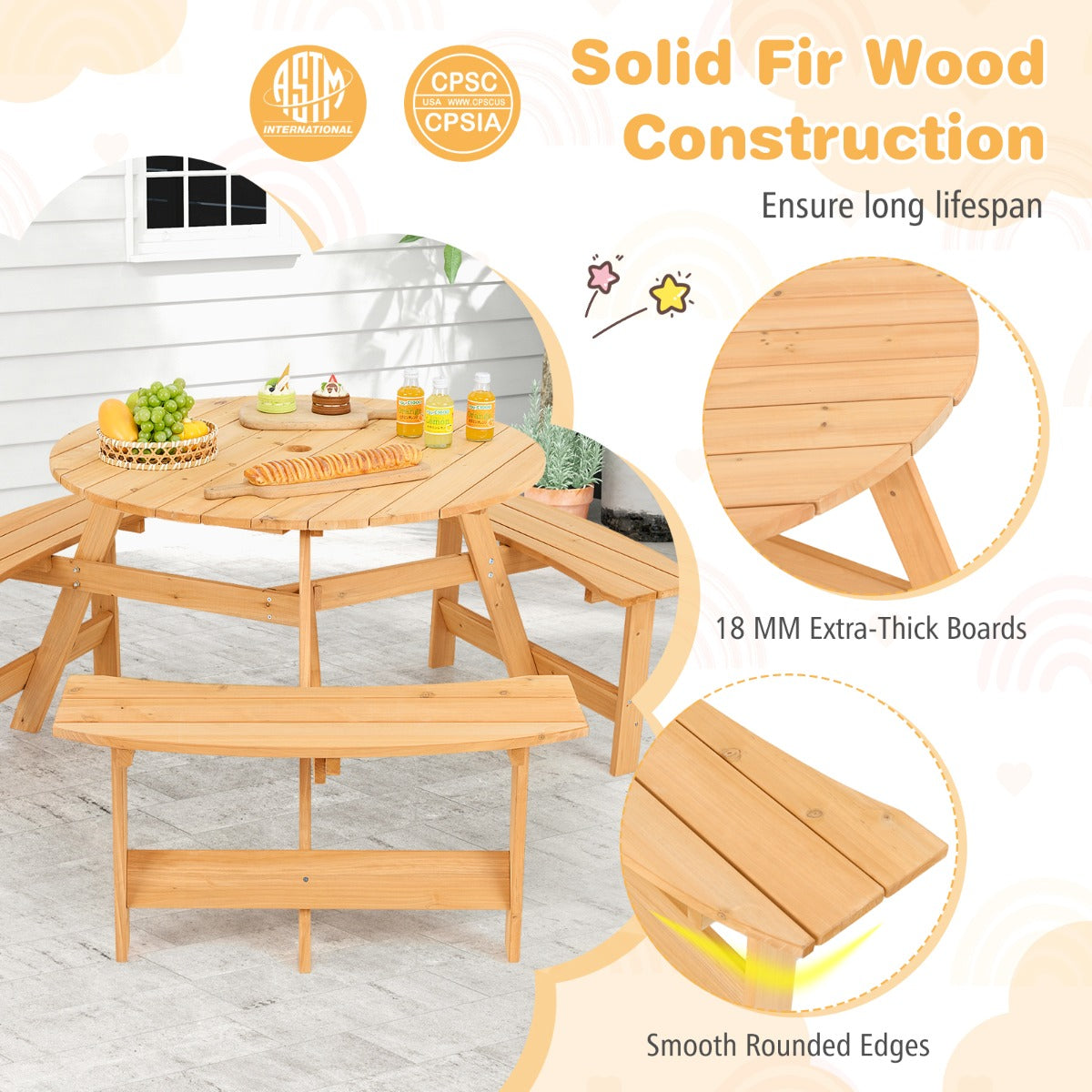 6 Person Kids Outdoor Wooden Picnic Table | Natural Set