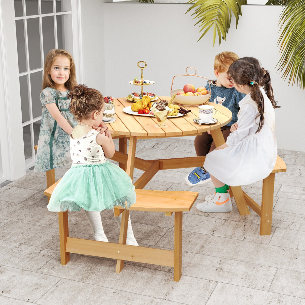 6 Person Kids Outdoor Wooden Picnic Table | Natural Set