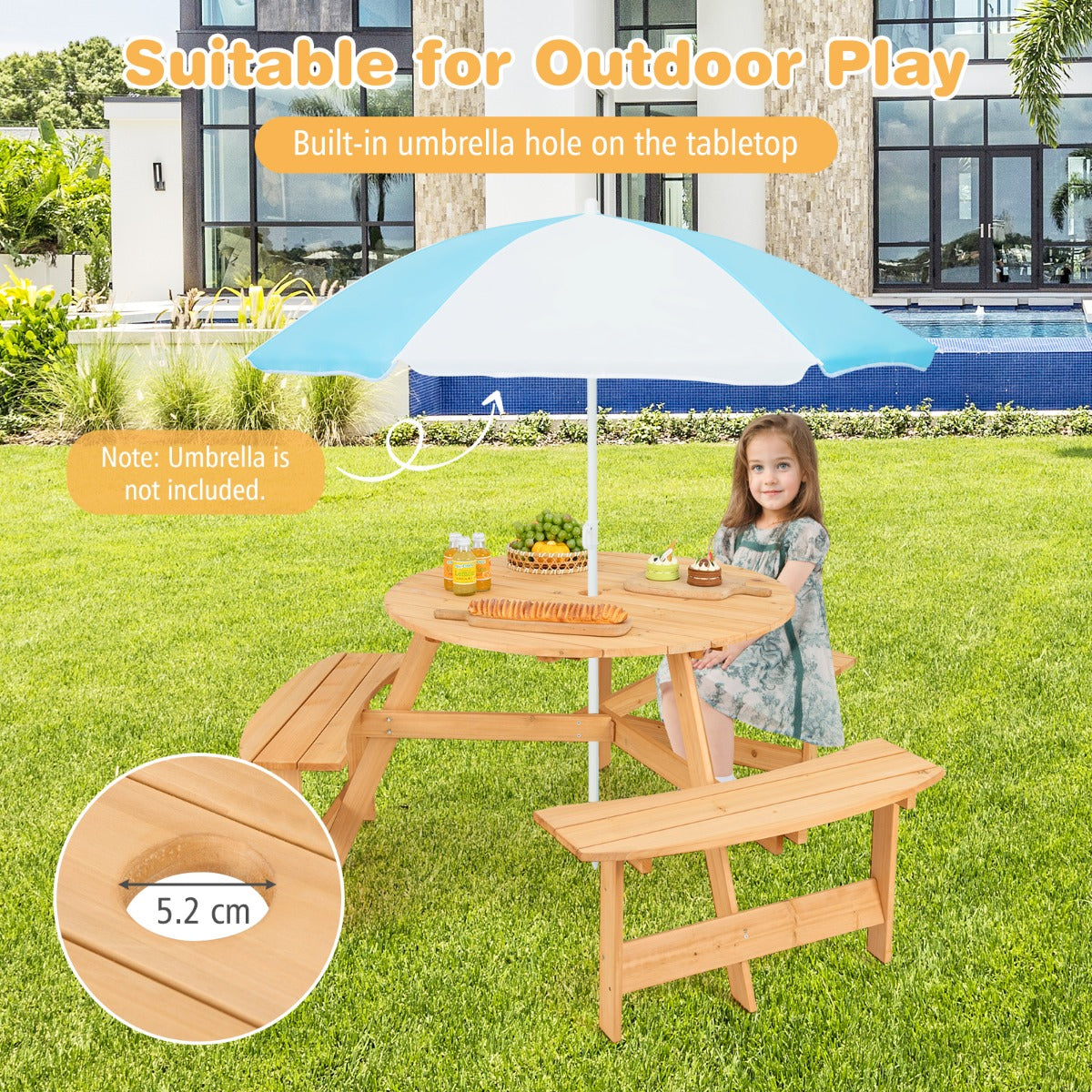 6 Person Kids Outdoor Wooden Picnic Table | Natural Set