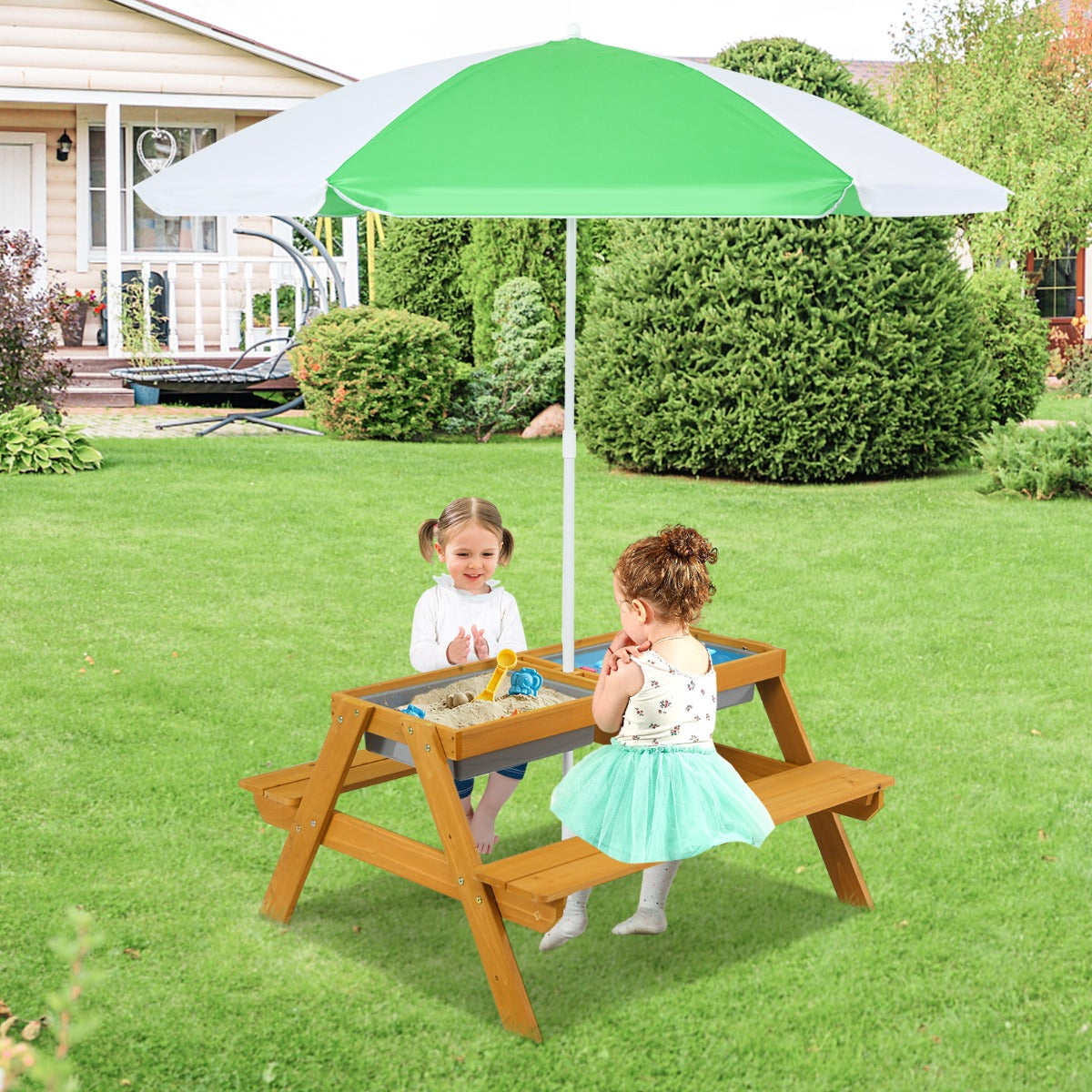 3-in-1 Kids Picnic Table Set with Removable and Height Adjustable Umbrella-Green