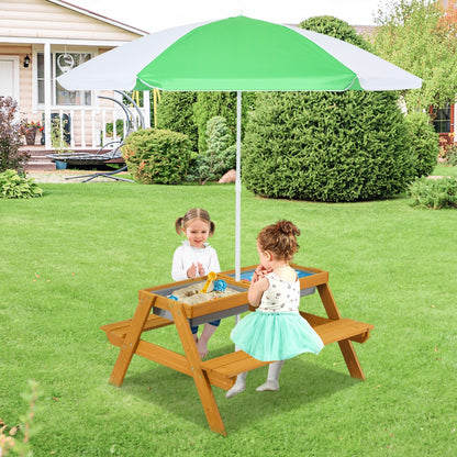 3-in-1 Kids Picnic Table Set with Removable and Height Adjustable Umbrella-Green