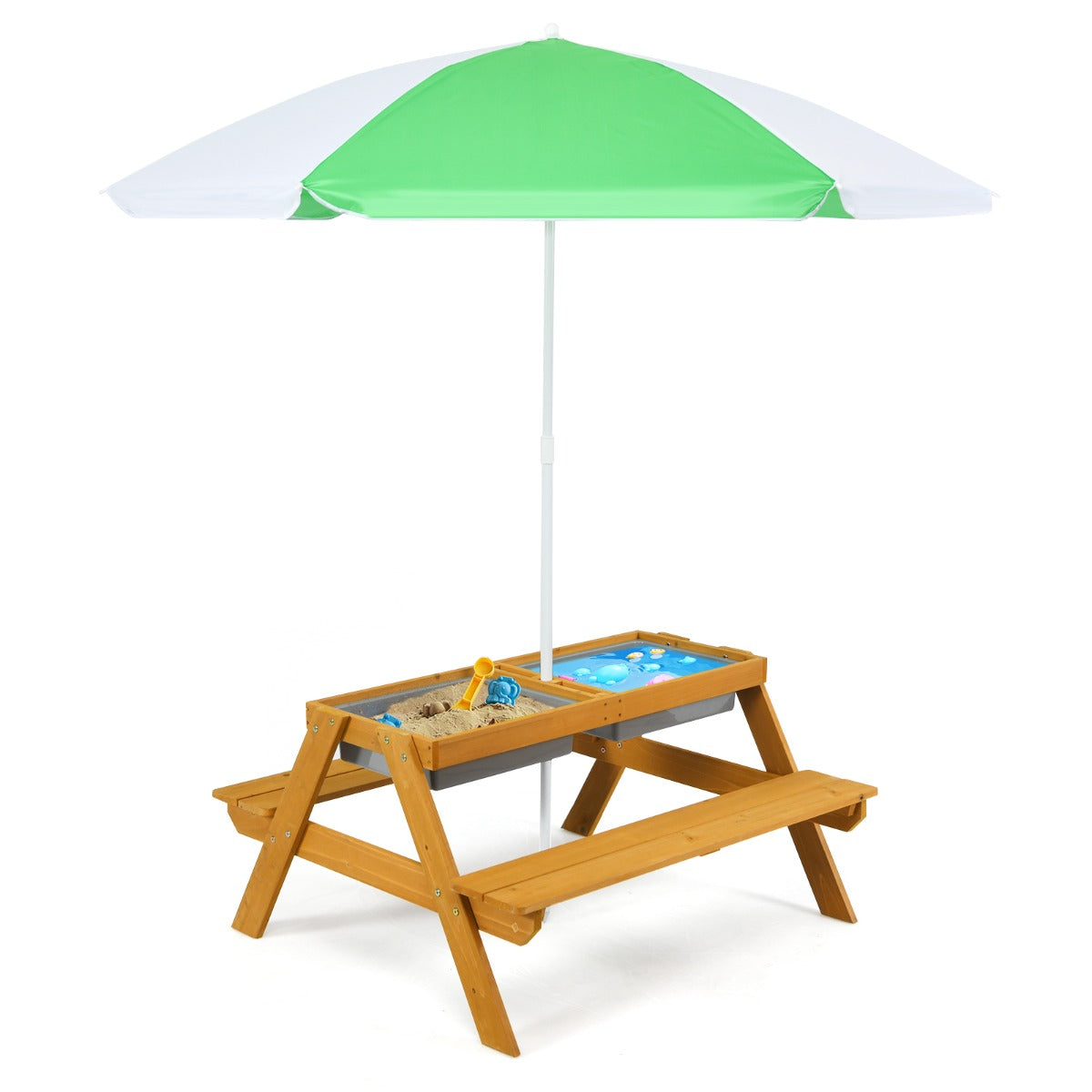 3 In 1 Kids Picnic Table | Adjustable Umbrella | Green Wood