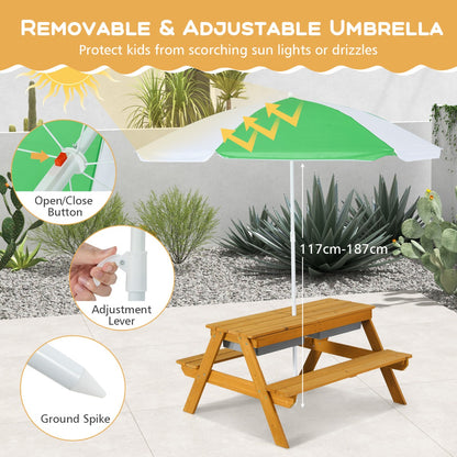 3 In 1 Kids Picnic Table | Adjustable Umbrella | Green Wood