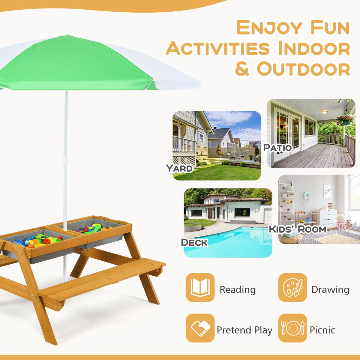 3 In 1 Kids Picnic Table | Adjustable Umbrella | Green Wood