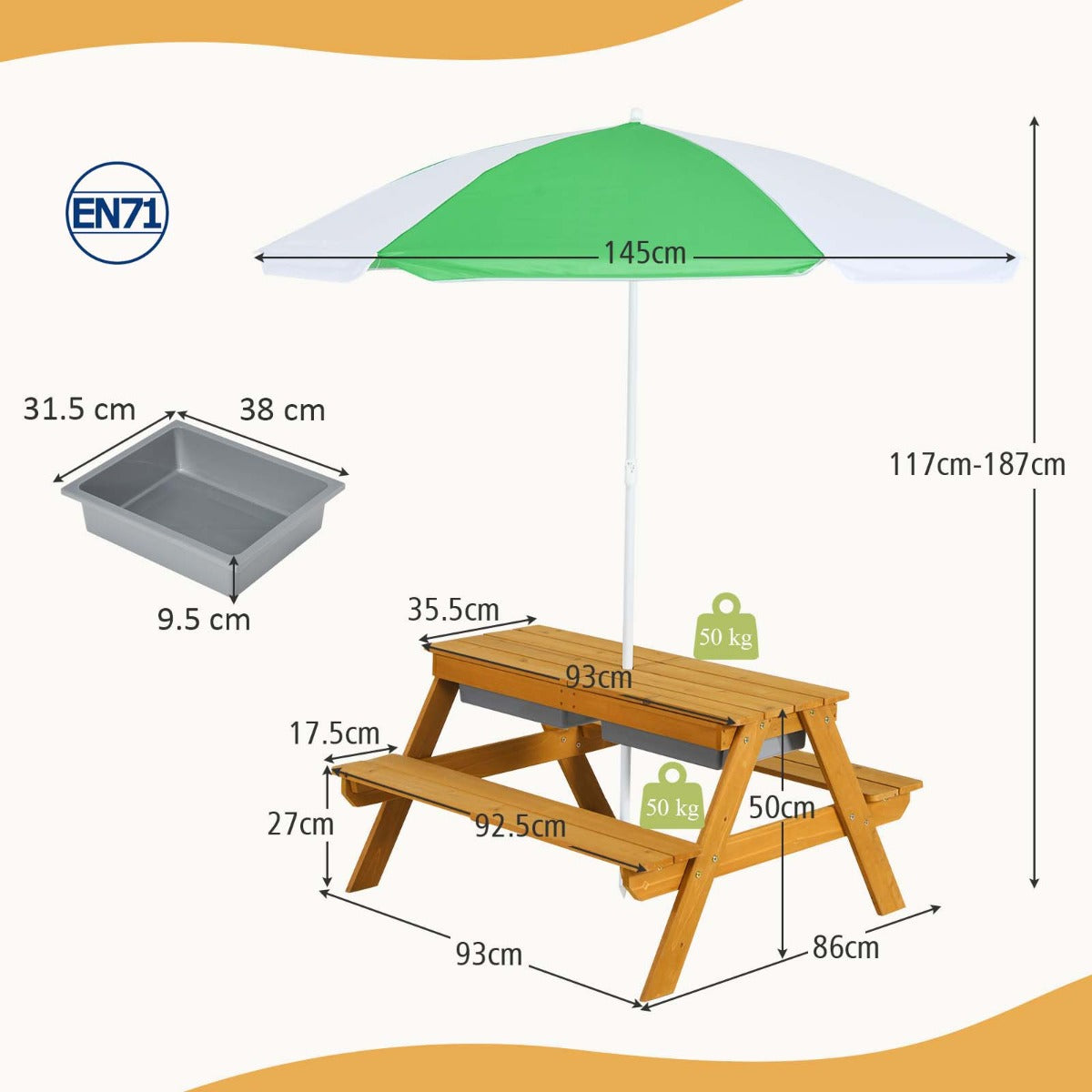 3 In 1 Kids Picnic Table | Adjustable Umbrella | Green Wood