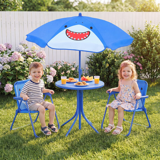 Blue Kids Picnic Table Set | Umbrella 2 Folding Chairs