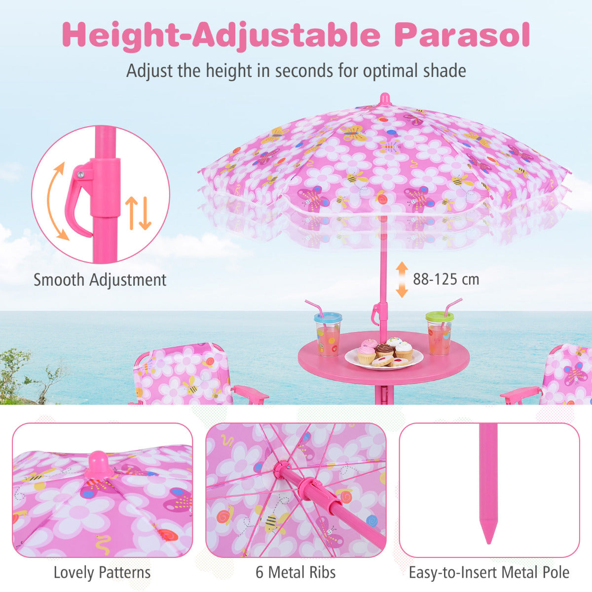 Pink Kids Picnic Table Set | Umbrella 2 Folding Chairs