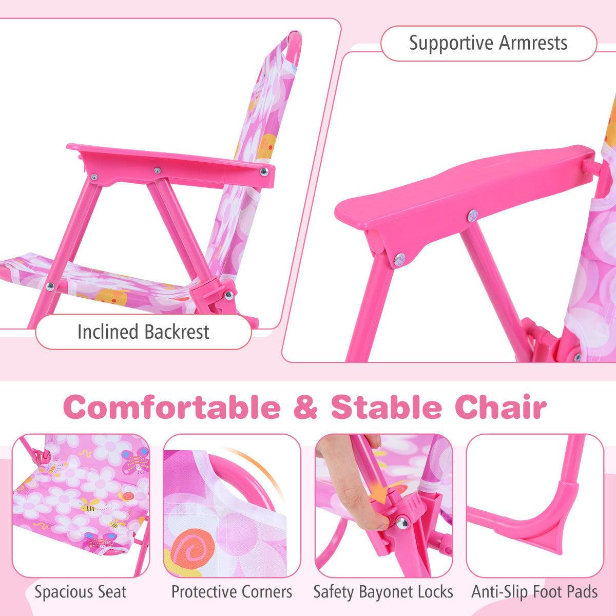Pink Kids Picnic Table Set | Umbrella 2 Folding Chairs