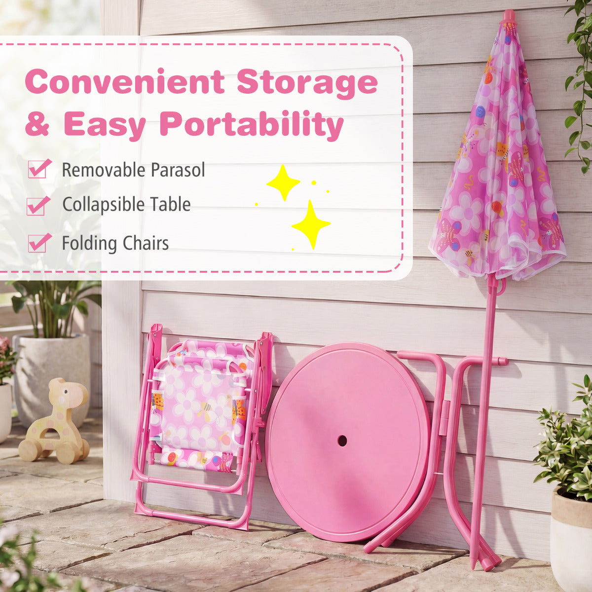 Pink Kids Picnic Table Set | Umbrella 2 Folding Chairs