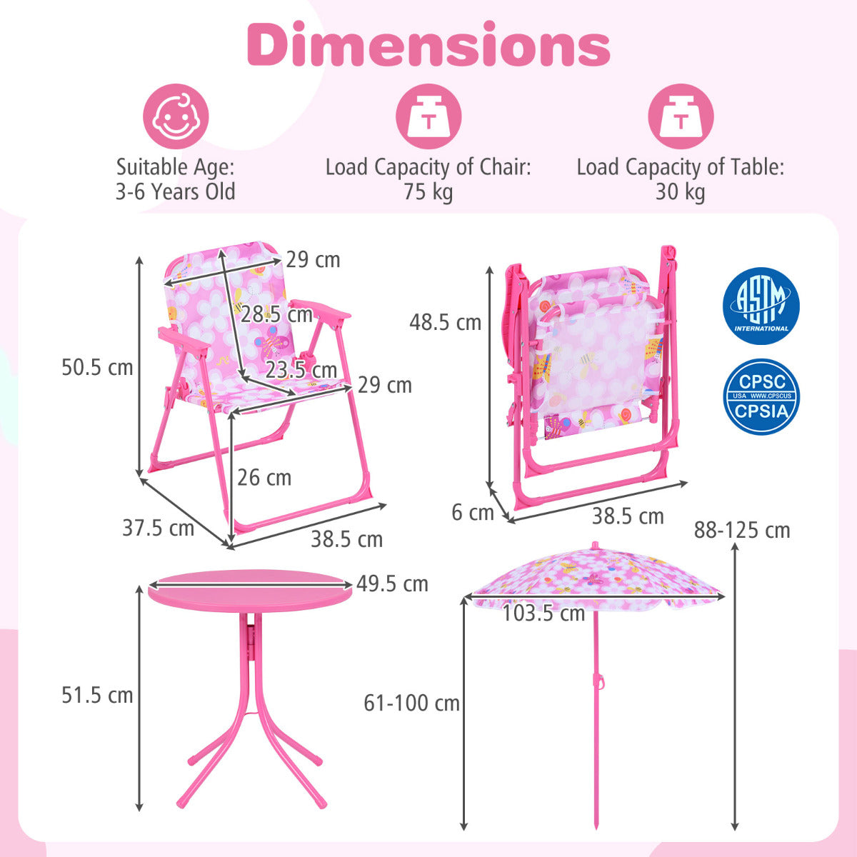 Pink Kids Picnic Table Set | Umbrella 2 Folding Chairs