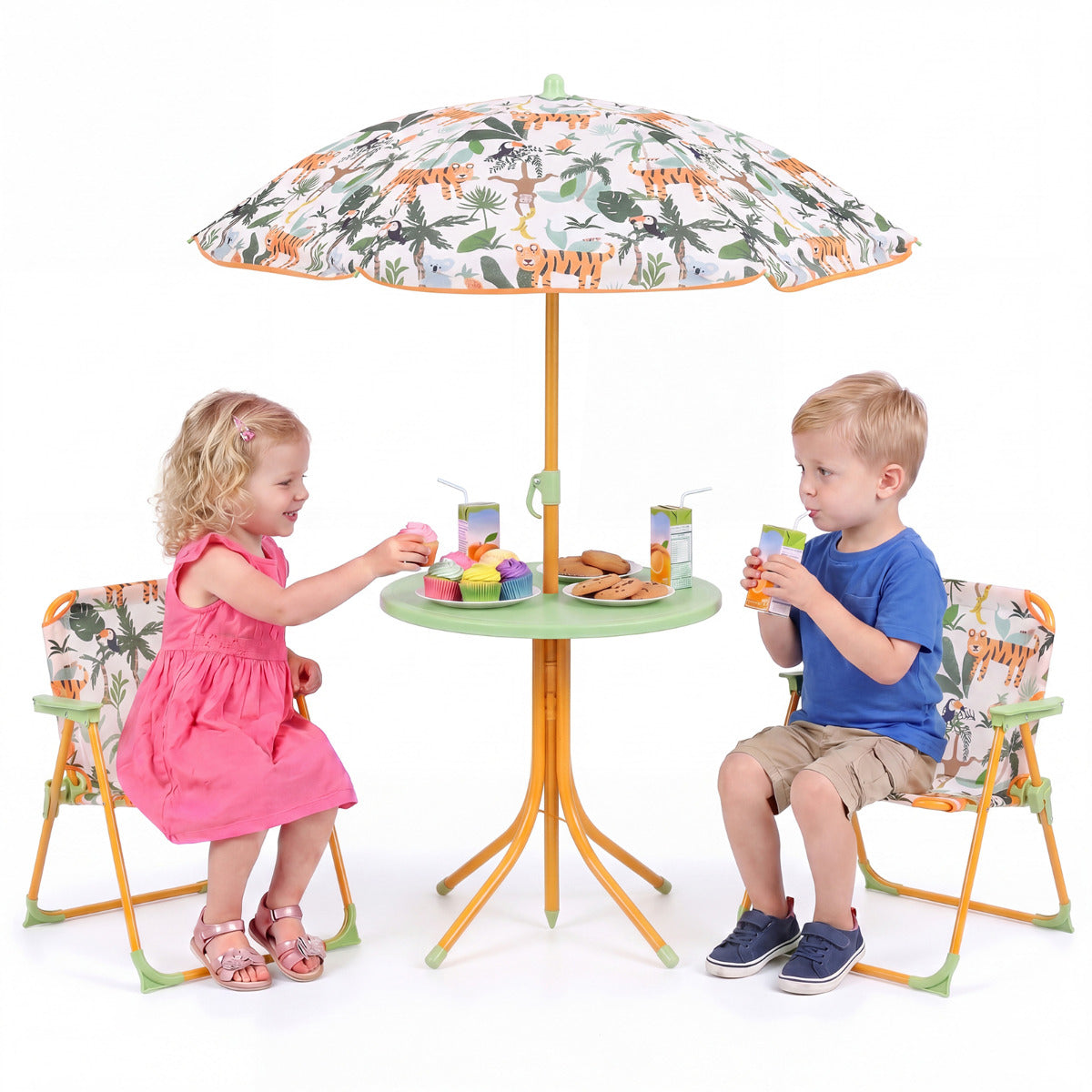 Kids Yellow Picnic Table Set | Umbrella & 2 Folding Chairs