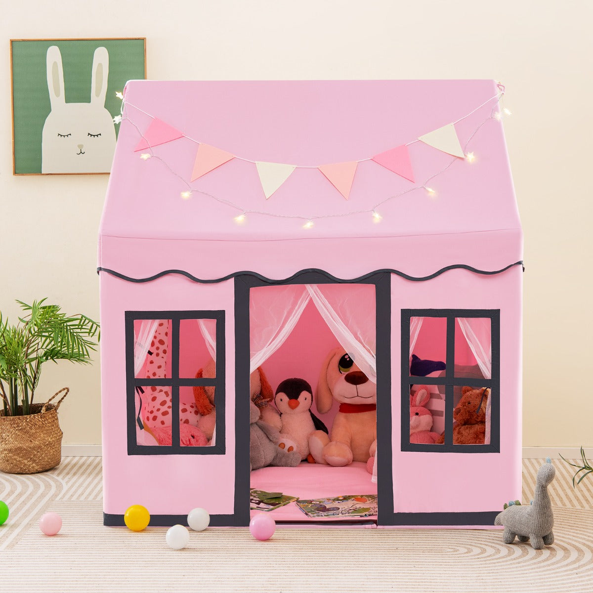  Kids Play Castle Tent Large Playhouse Toys Gifts with Star Lights Washable Mat-Pink