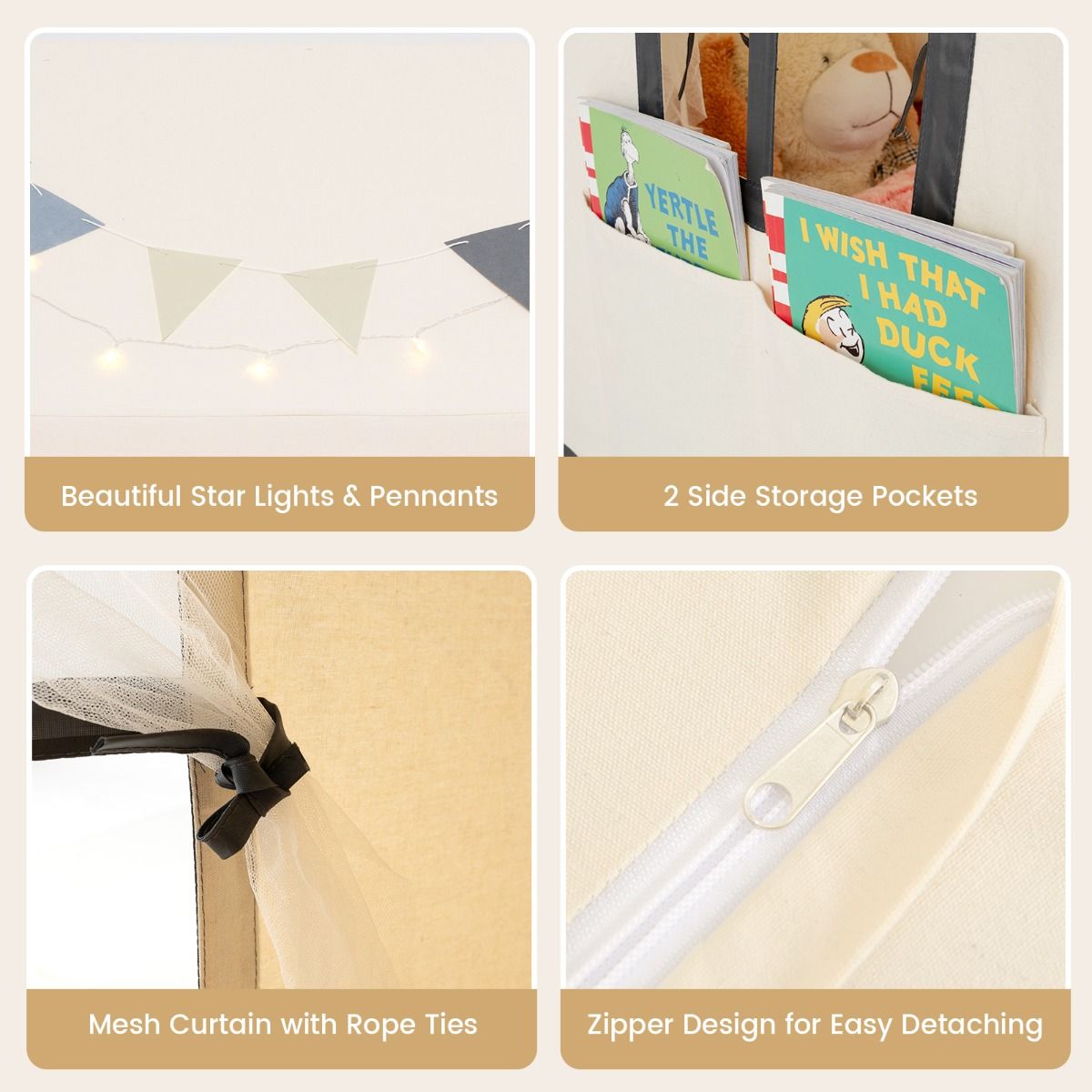 Kids Play Castle Tent | Beige Playhouse with Star Lights & Mat