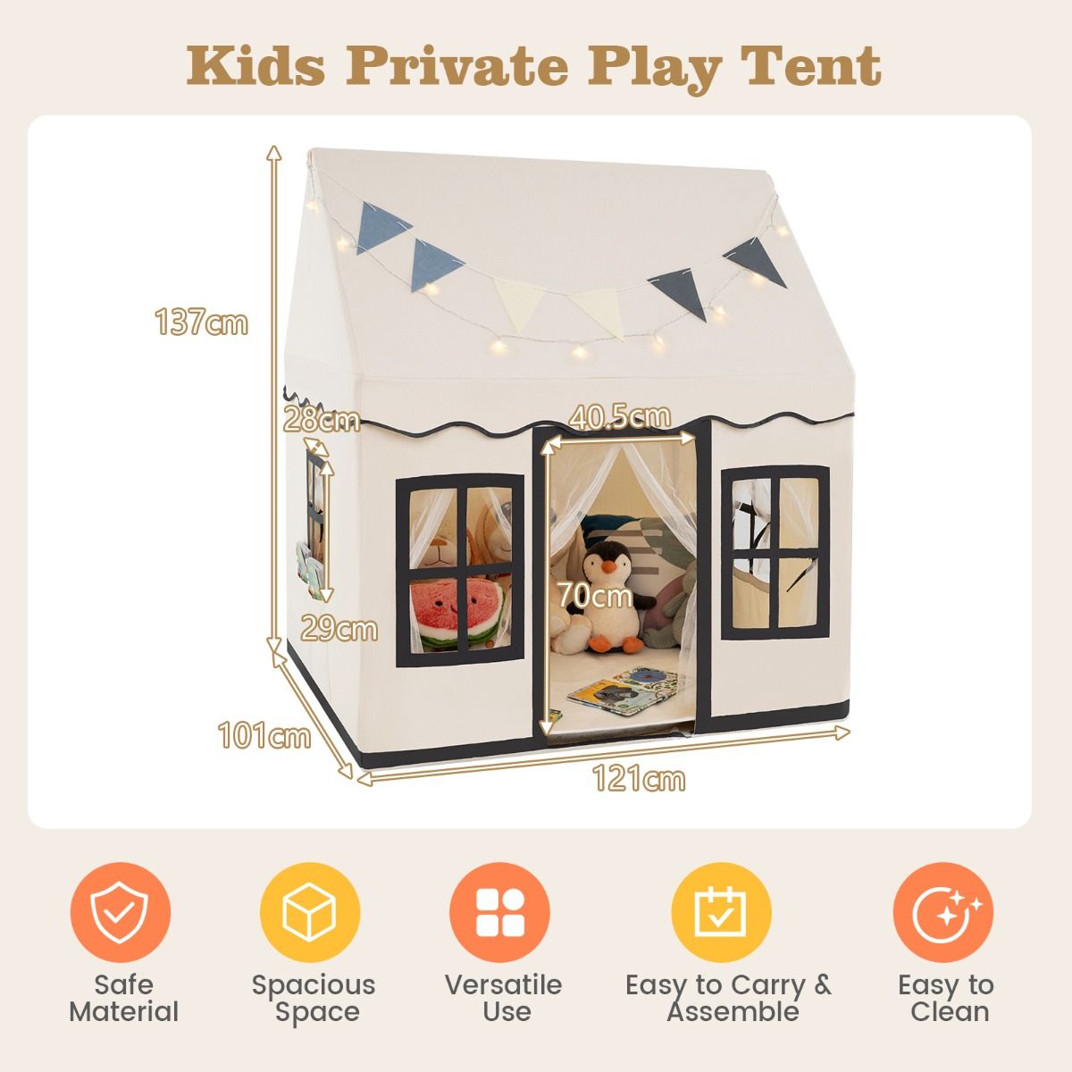 Kids Play Castle Tent | Beige Playhouse with Star Lights & Mat