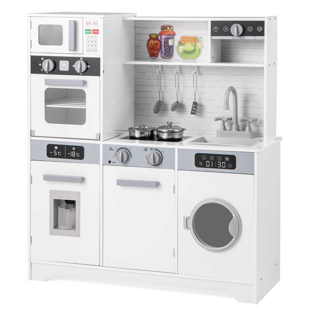White interactive kids play kitchen set featuring realistic appliances for imaginative cooking and role-playing adventures.