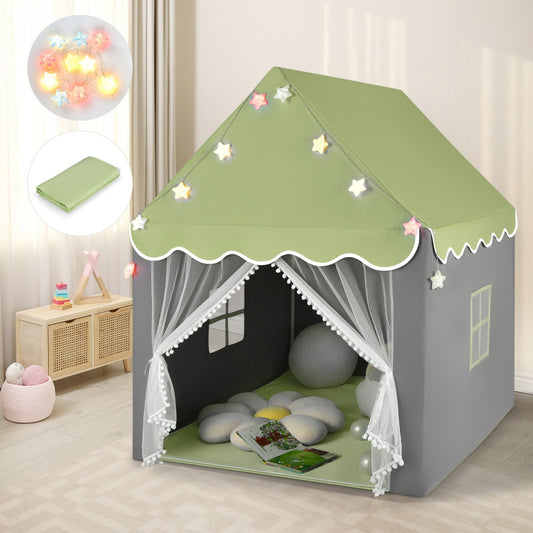 Kids Castle Playhouse Tent in Green with Lights and Mat for imaginative home play