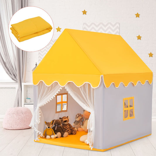 Kids playhouse tent with wooden frame, mat, and mesh windows for indoor/outdoor fun.