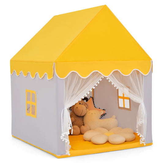 Kids playhouse tent with soft mat, mesh windows, and wooden frame for indoor/outdoor fun.