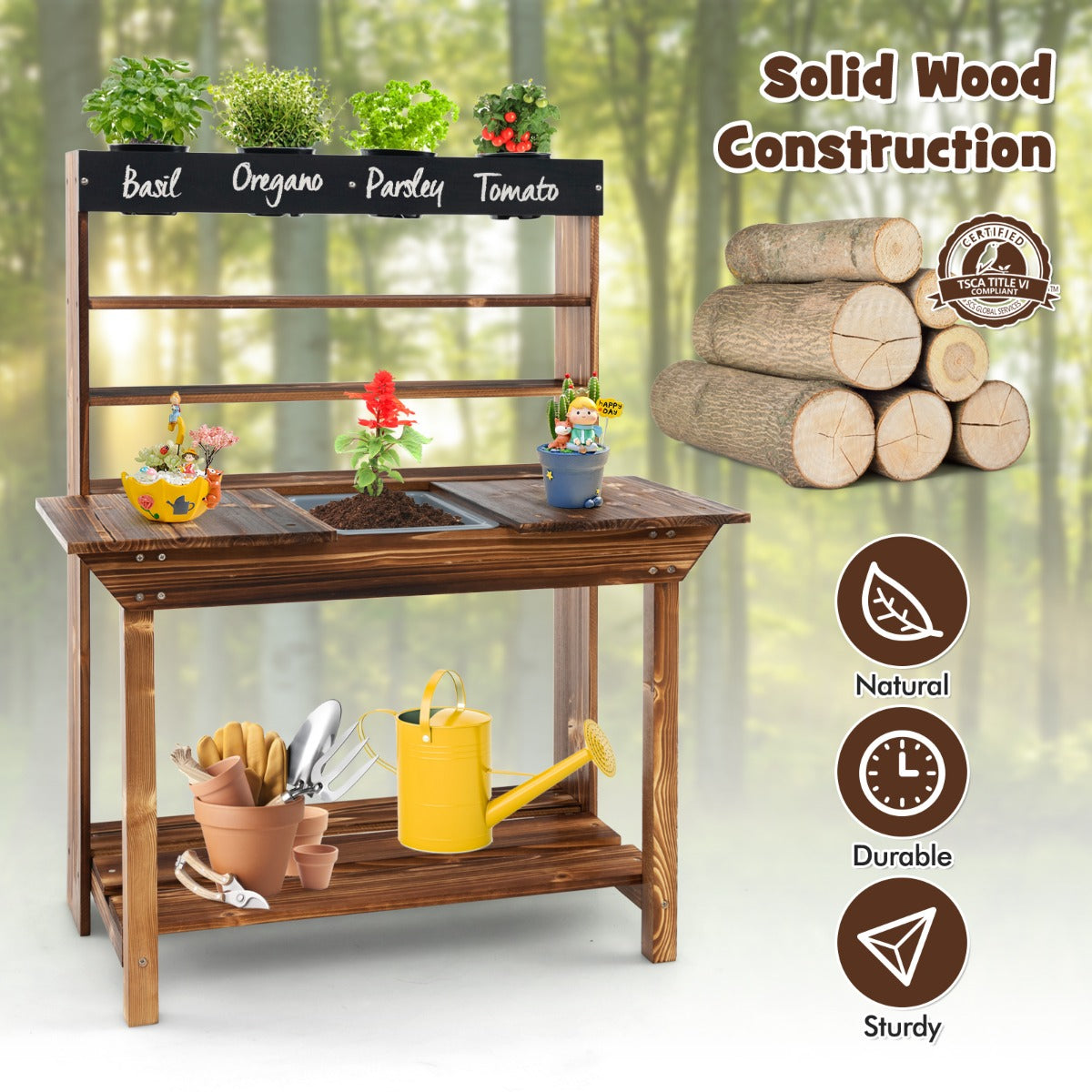 Kids wooden potting bench with 4 pots - perfect outdoor toy garden center for children