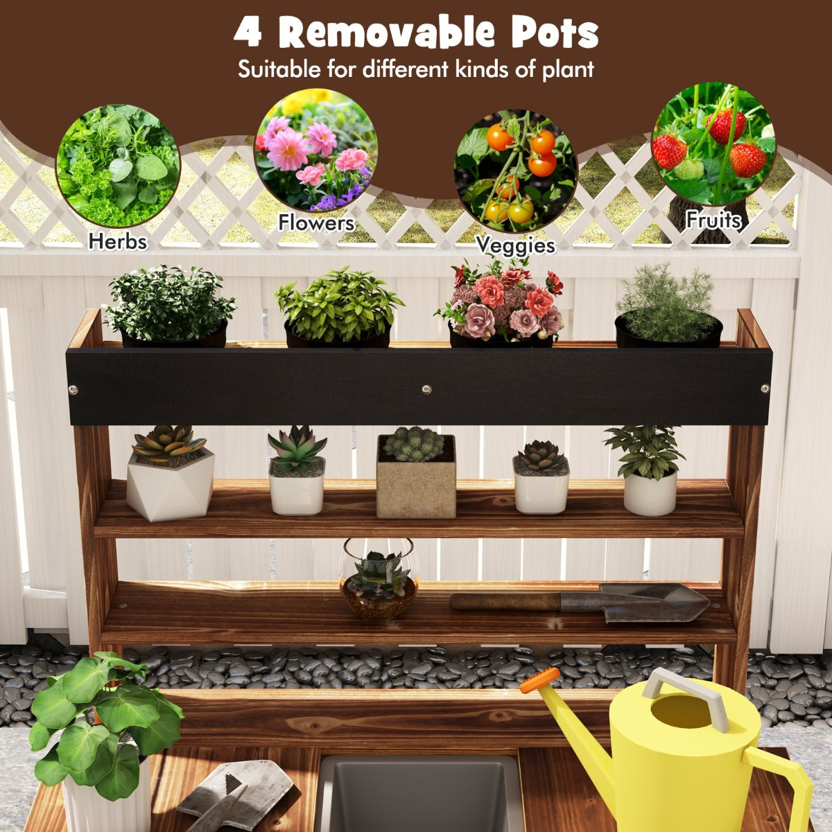 Kids outdoor wooden potting bench with 4 pots for interactive gardening play