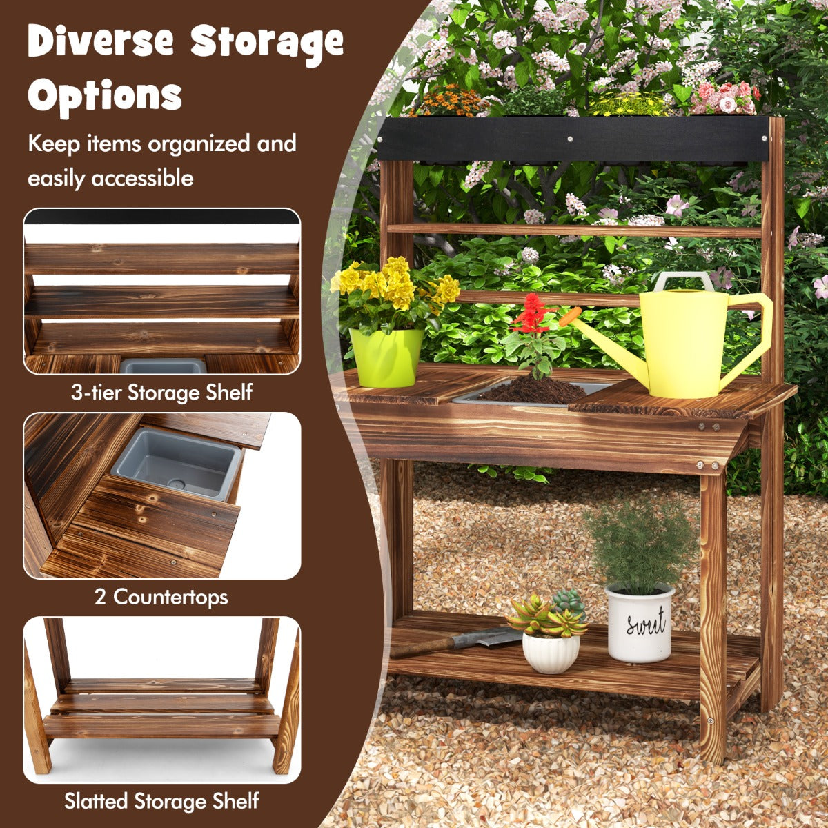 Kids wooden potting bench with 4 pots for outdoor play and gardening fun.