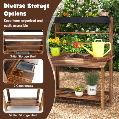 Kids wooden potting bench with 4 pots for outdoor play and gardening fun.