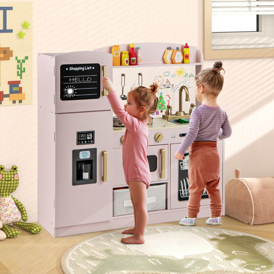 Costway Kids Pretend Play Kitchen Set with Fabric Drawer and Doodle Boards-Pink