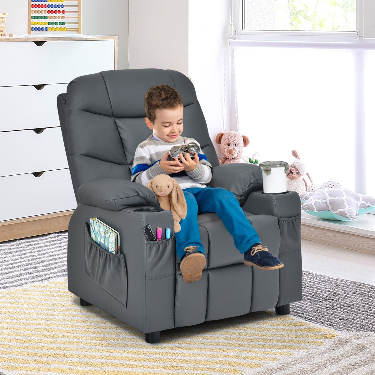 Grey Kids PU Leather Recliner Chair with Adjustable Footrest and Cup Holder for comfort.