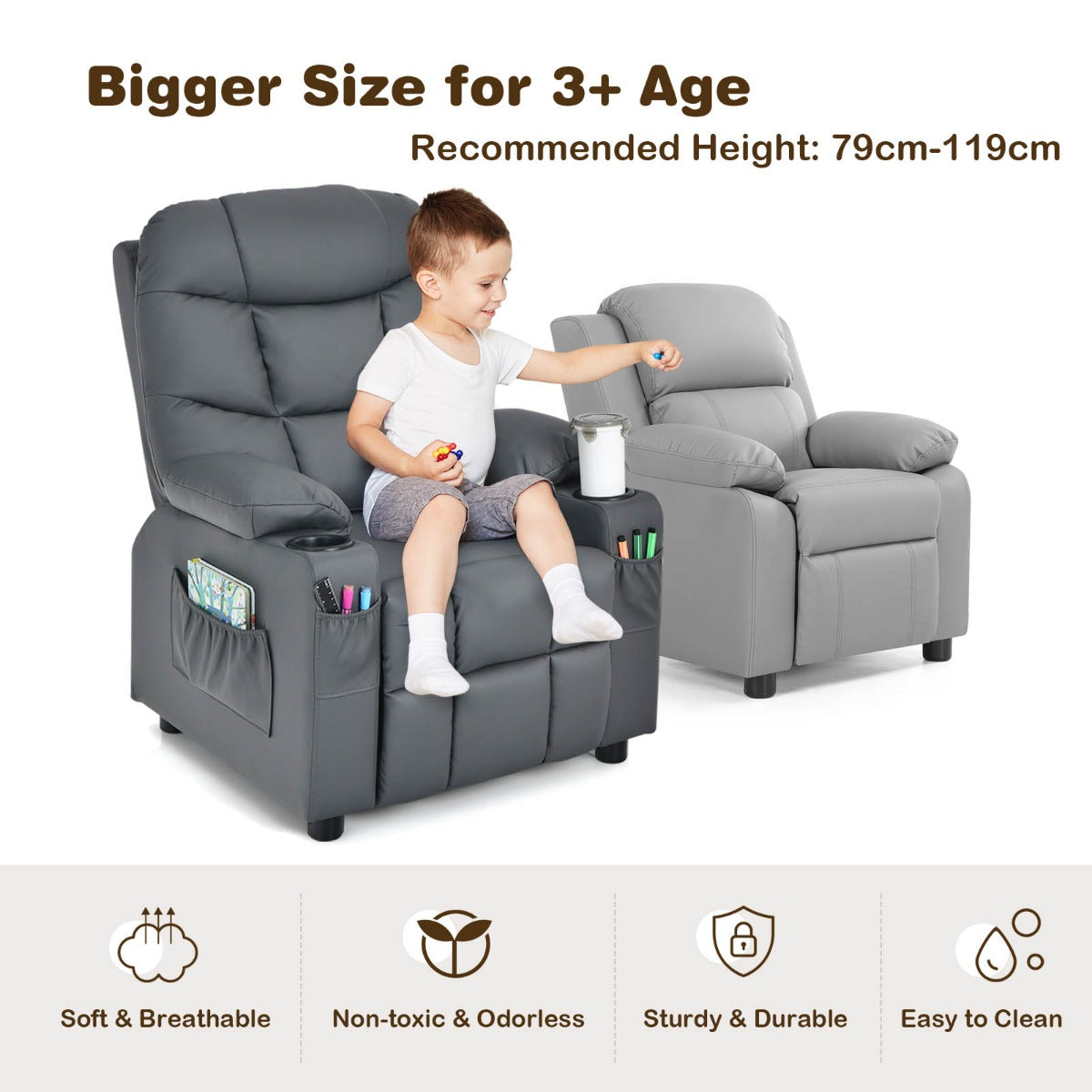 Kids PU leather recliner chair in grey with cup holder and adjustable footrest for comfort.