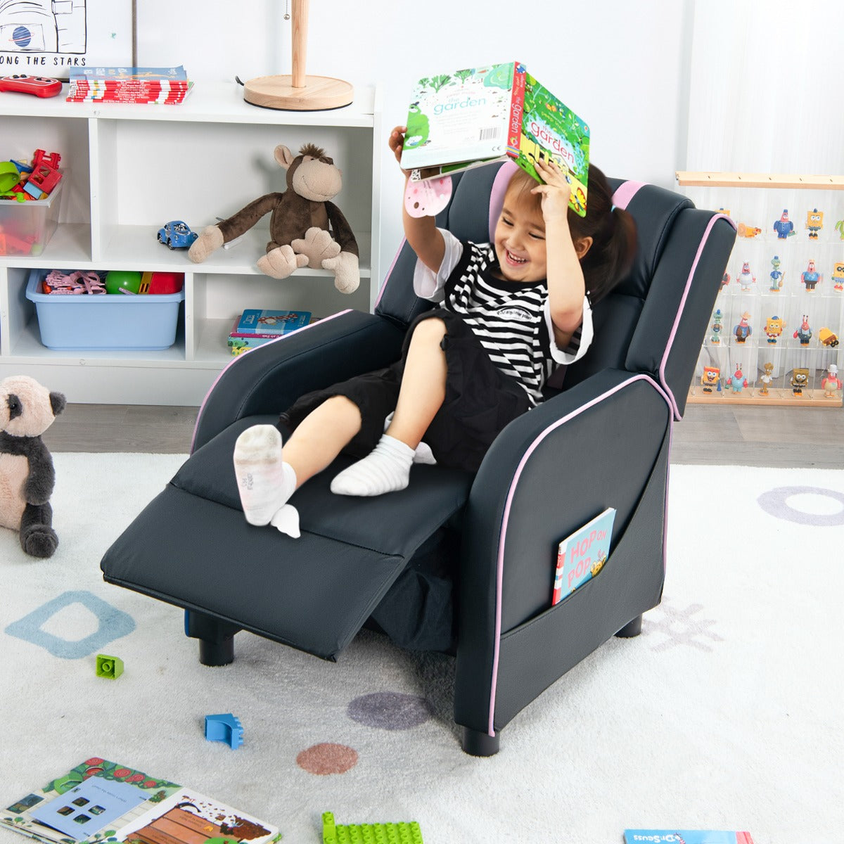 Pink kids recliner chair with adjustable backrest for comfy home seating for children.