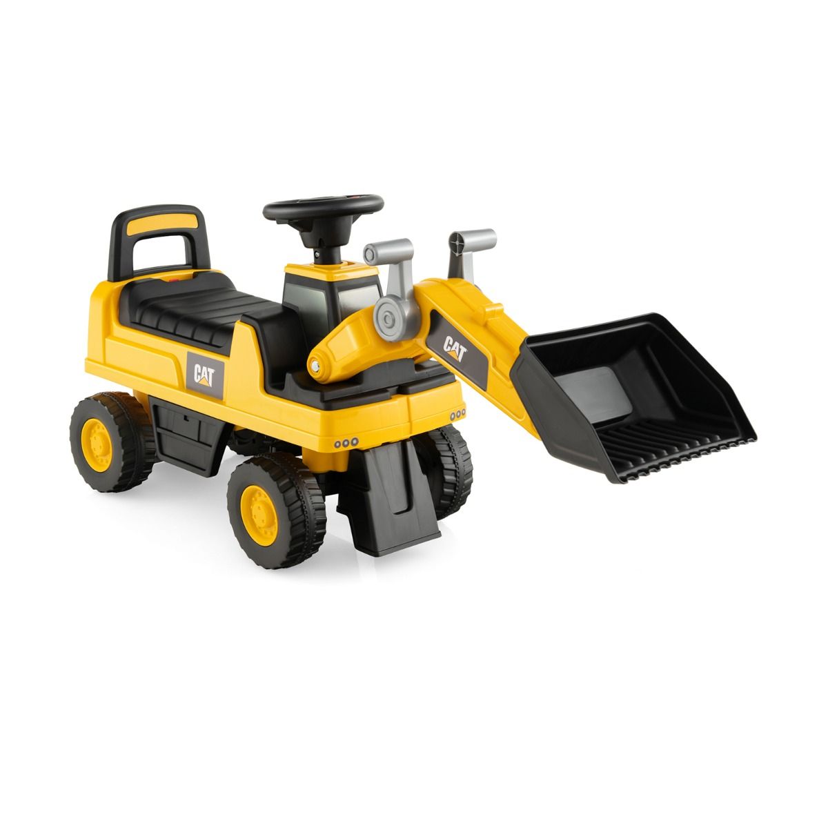 Yellow kids ride-on excavator bulldozer truck with bucket for fun pretend construction play.