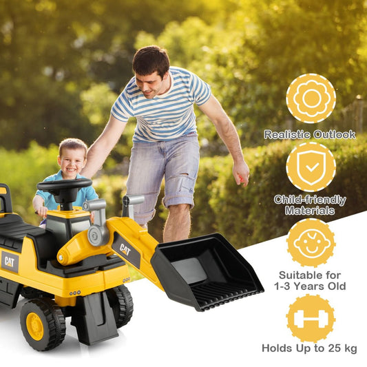 Yellow kids ride-on excavator bulldozer truck with bucket, perfect for imaginative indoor play.