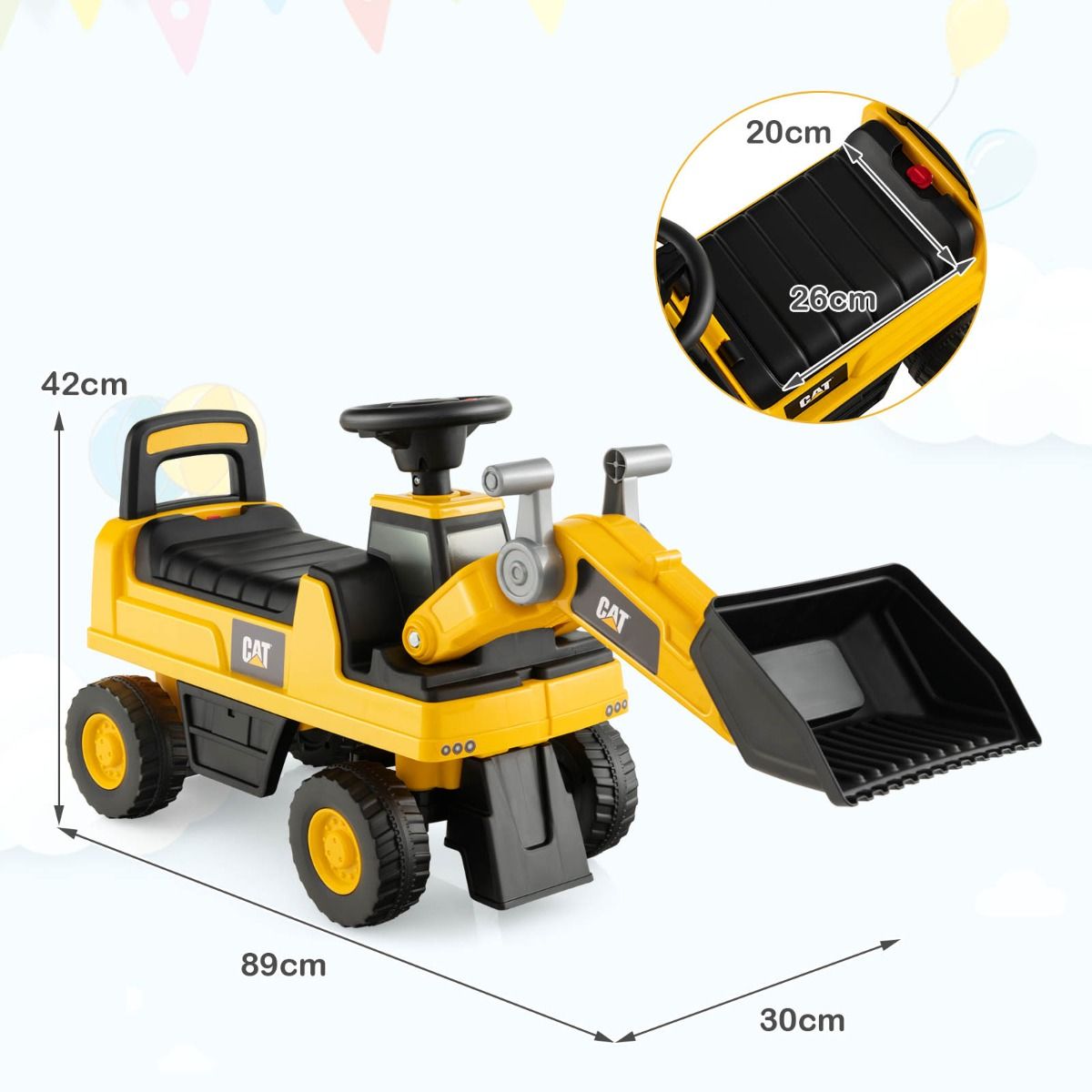 Yellow Kids Ride On Excavator - fun indoor/outdoor toy truck for imaginative play.