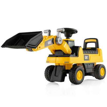 Yellow kids ride-on excavator bulldozer truck with bucket, perfect for imaginative indoor play.