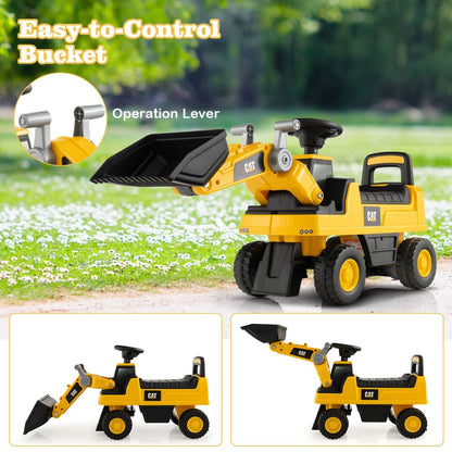 Yellow kids ride-on excavator bulldozer truck with bucket for imaginative indoor/outdoor play.