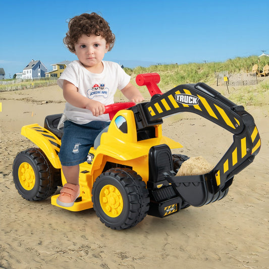 Kids battery-powered ride-on excavator toy with storage, sounds, and basketball hoop for fun play.